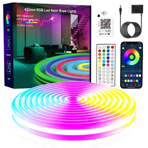 YILINM Neon Strip Lights,20FT RGB LED Strip Lights,with Remote Control/APP Control,Music Sync,IP67 Waterproof LED Rope Lights,Cuttable,for Bedroom,Gaming,Party,Outdoors Decor