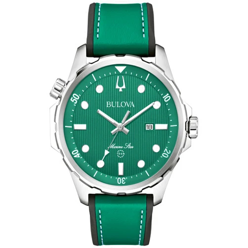 Bulova Men's Marine Star Quartz Silver Stainless Steel Watch, Leather and Silicone Strap, 100M Water Resistant, 43mm
