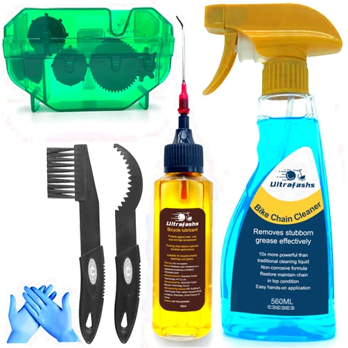 Ultrafashs Bike Chain Oil Lubricant and Cleaner Set with Bicycle Degreaser,Wet Lubricant,Chain Scrubber,Cleaning Brush Tool.for Cleaning Bike Chains,Rear Cogs,Chainrings.Lube-2oz,Degreaser-10or19oz.