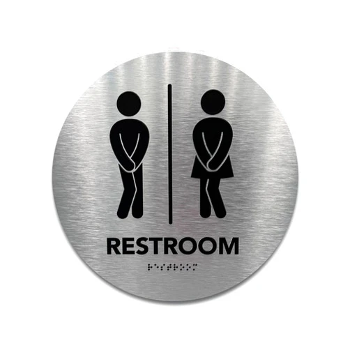 GDS Architectural Signage Solutions Circle Unisex Boutique Bathroom Sign by GDS - Raised Icons, & Grade 2 Braille - Includes Adhesive Strips for Easy Installation - 9” Diameter (Brushed Aluminum)