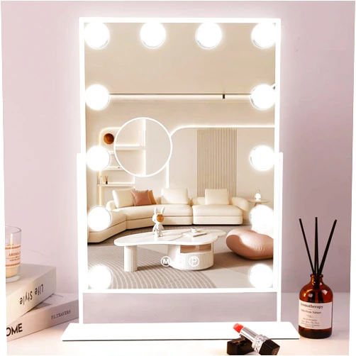 COOLJEEN Makeup Mirror Vanity Mirror with Lights - 12 Led Bulbs Lighted Hollywood Mirror, 10X Magnification,3 Color Modes, Touch Control, Women Gift (White)
