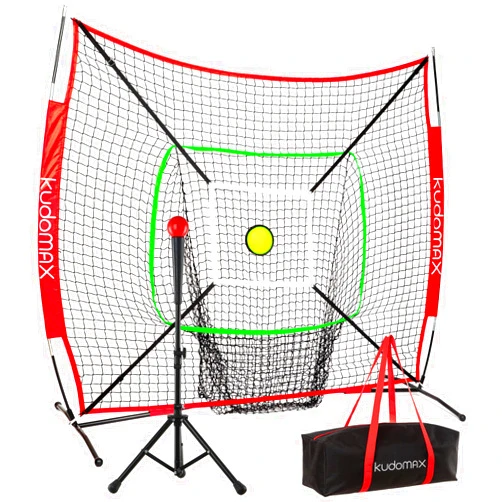 KudoMax Baseball/Softball 6×6FT Practice Net for Hitting & Pitching,Stable Bow Frame, Batting Tee, Weighted Ball, Circular Target and Strike Zone for Throwing, Most Suitable for Kids.