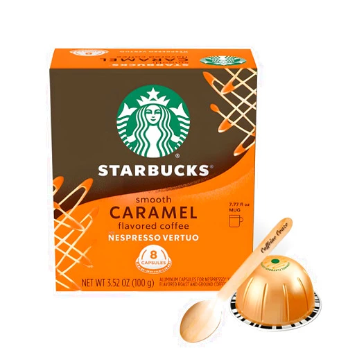 Caffeine Craze Bundle with Nespresso Vertuoline Starbucks Coffee and Eco Friendly Biodegradable Wooden Spoon (8 Count (Pack of 1), Caramel)