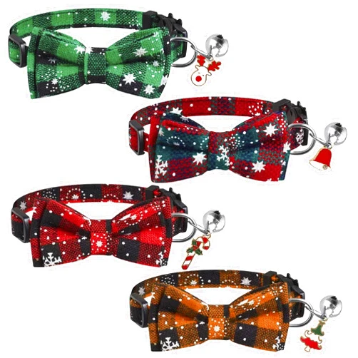 VERTUPET 4PCS Christmas Cat Collars with Breakaway Bow Tie and Bell for Kitty Cat, 9.2