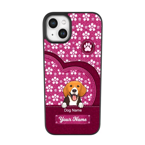 JOYSHINE Custom Personalized Dog Beagle with Name Flower Denim Pattern Phone Case Cover for Dog Mom Dad Owner Lover Gift Compatible with iPhone 15 14 13 12 11 Pro Max Plus Mini