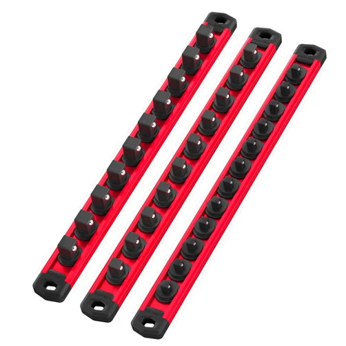 WORKPRO Magnetic Socket Organizer Set, 3-Piece Aluminum Alloy Socket Rail, Heavy Duty Socket Holder, Socket Rack Kit 1/4-Inch x 12 Clips, 3/8-Inch x 10 Clips, 1/2-Inch x 10 Clips (Red)