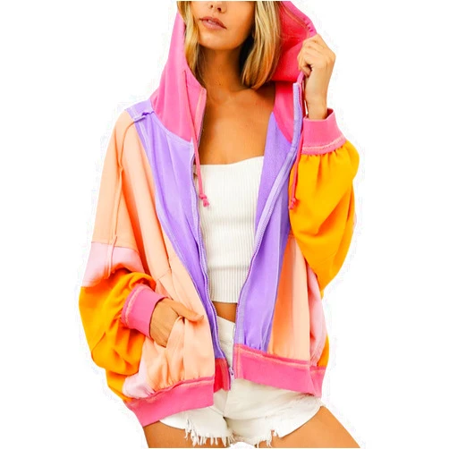 chouyatou Women's Fall Warm Color Block Zip Up Jacket Oversized Winter Casual Y2K Sweatshirt Hoodie Tops