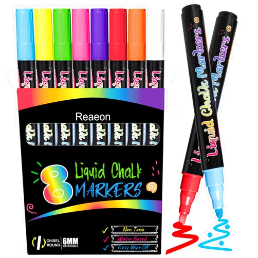 Reaeon Chalk Markers, Vibrant Color Liquid Chalk Pens, for Chalkboard, Blackboard, Window, Glass, Mirror, Water-Based, Non-Toxic, 6mm Reversible Tip, 8 Pack