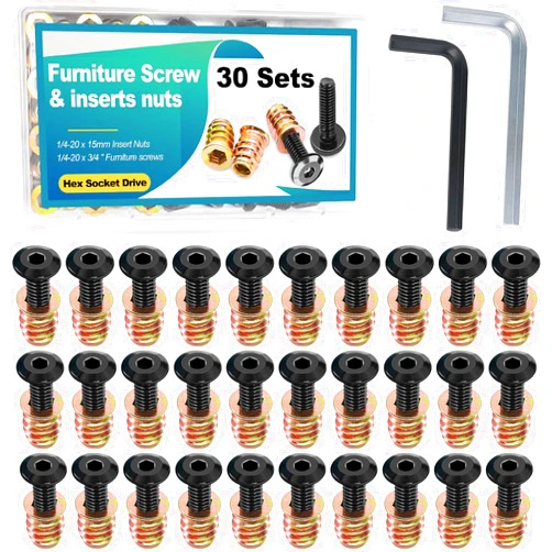 Twidec/30 Sets 1/4-20x15mm Threaded Inserts for Wood Furniture Screw Nut Kit Bolt Fastener Connector with 1/4-20x20mm Screw-in Nuts and Hex Wrench N-083-30set