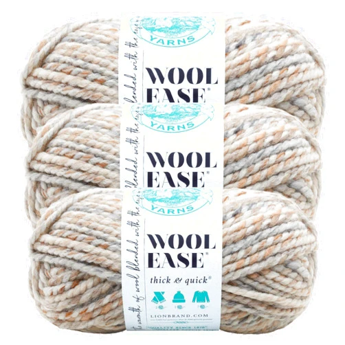Lion Brand Yarn Wool-Ease Thick & Quick Yarn, Soft and Bulky Yarn for Knitting, Crocheting, and Crafting, 3 Pack, Fossil