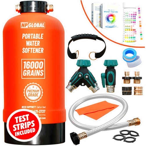 NPGLOBAL RV Water Softener Portable - 16,000 Grains, Test Strips Included, 3/4