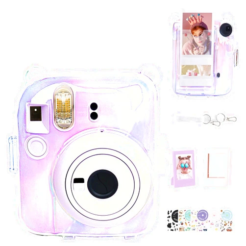 WOGOZAN Protective Clear Case for Fujifilm Instax Mini 12 Instant Camera, Hard PC Cover with Mini Picture Frame, DIY Stickers, Back Photo Pocket Holds 10 Films and Adjustable Strap - Shiny (No Camera)