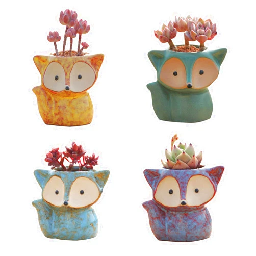 ANQIA 4 Pack Cute Fox Shape Ceramic Succulent Plant Pots Cactus Plant Pot Flower Pot with A Hole for Home & Office Decor