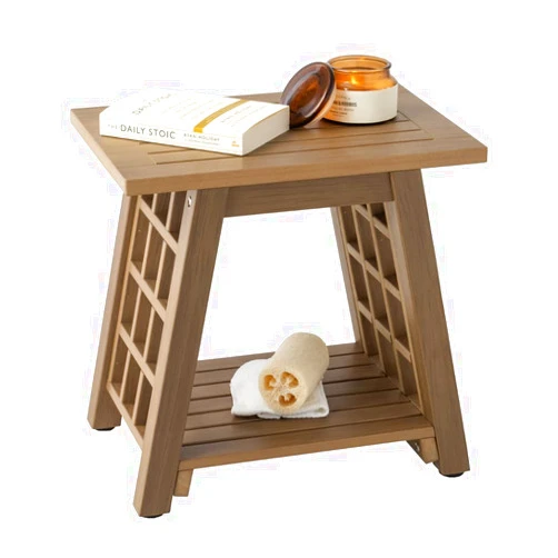 ROHKEX Waterproof Shower Bench with Storage Shelf, Brown, Wood-Looking Plastic Frame, Adjustable Feet, 18-Inch Corner Seat, Ideal for Shaving Legs, Heavy Duty, Easy to Clean