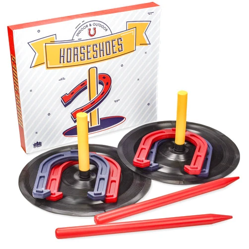 Crown Sporting Goods Deluxe Indoor and Outdoor Horseshoe Game Set | Outside Family Lawn Game for Kids and Adults | Safe Plastic Horseshoes Great for Backyard BBQs, Birthday Parties, Sports Tailgates (10 pcs.)