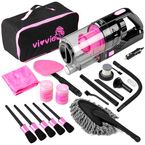 Vioview Car Cleaning Detailing Kit Interior Cleaner, 14Pcs Car Cleaning Supplies with High Power Portable Car Vacuum Cleaner, Detailing Brush Set, Windshield Cleaner, Pink Car Accessories for Women