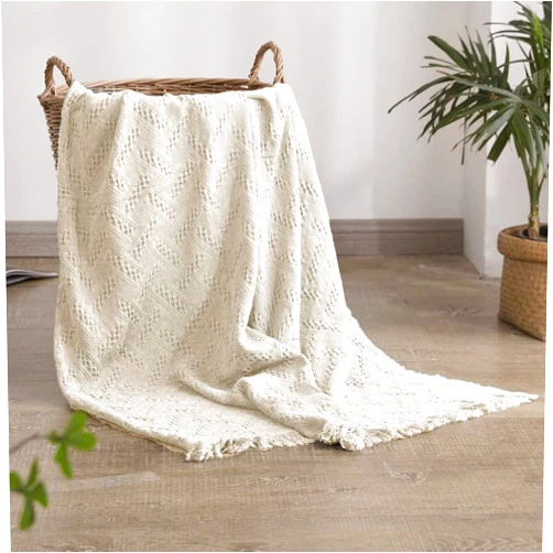 Simple&Opulence 100% Cotton Throw Blanket for Bed, Couch, Boho Luxury Geometric Knit Woven Blanket with Tassels Soft Lightweight Cozy Breathable, Vintage Farmhouse Decoration for All-Season(White)