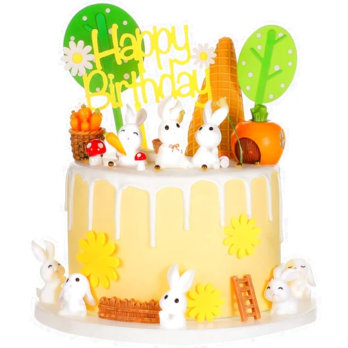 Yookeer 24 Pcs Bunny Cake Topper Set Rabbit Cake Decorations Rabbit Figurines Carrot Cake Decorations Rabbit Cake Topper Happy Bunny Birthday Cake Topper for Kids DIY Birthday Party Rabbit Garden Decor