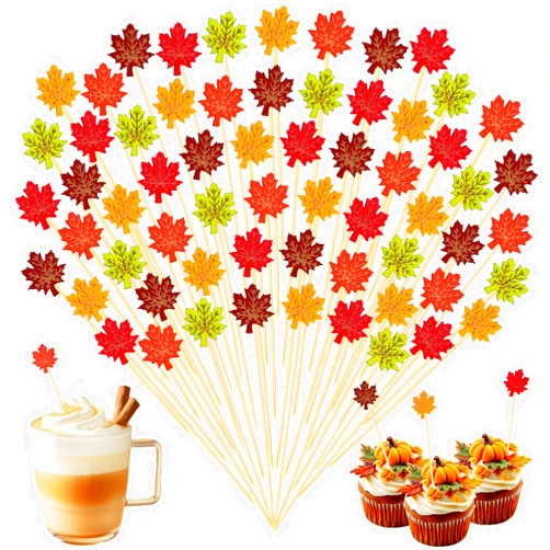 Whaline 120Pcs Fall Cocktail Picks Colorful Maple Leaf Handmade Bamboo Toothpicks Garnish Sticks for Autumn Themed Decoration Party Supplies, 5 Styles
