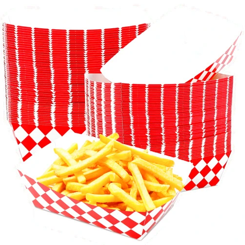 Blcculi 100 Pack Gingham Paper Food Trays,Disposable Paper Food Boat,Gingham Party Supplies,Snack Serving Trays for Nacho,French Fries,Popcorn,Hot Dog (Red + White)