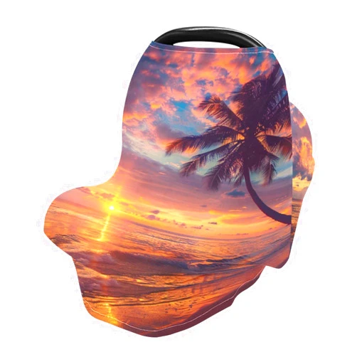 YYZZH Sunset Palm Tree Sea Sky Stretchy Baby Car Seat Cover Infant Canopy Nursing Breastfeeding Covers Winter Scarf