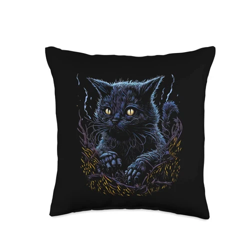 Great Creepy Scary Horror Cat Artwork Illustration Creepy Scary Horror Cat Art Illustration Design Throw Pillow, 16x16, Multicolor