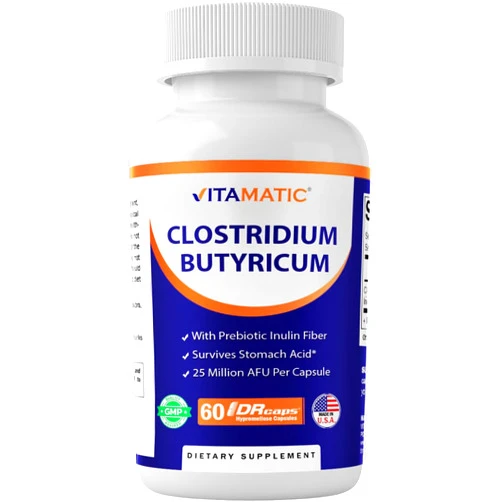 Vitamatic Clostridium butyricum 25 Million - Gut Health - 60 DR Capsules (Delayed Released) - Made with Prebiotic Inulin Fiber