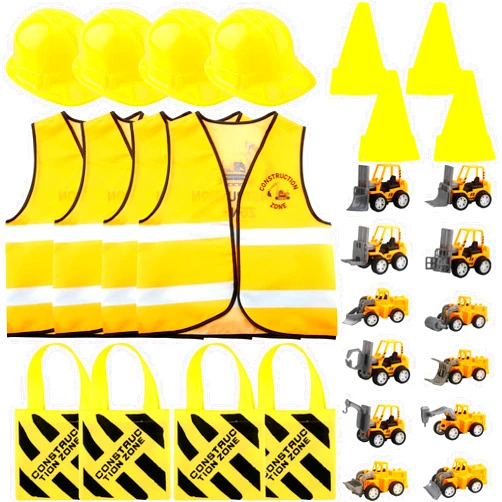 Puteraya 28 Pcs Kids Construction Worker Costume Set Include 4 Construction Vest 4 Worker Hat 4 Tote Bag 4 Traffic Cones 12 Construction Cars Vehicles for Dress Up