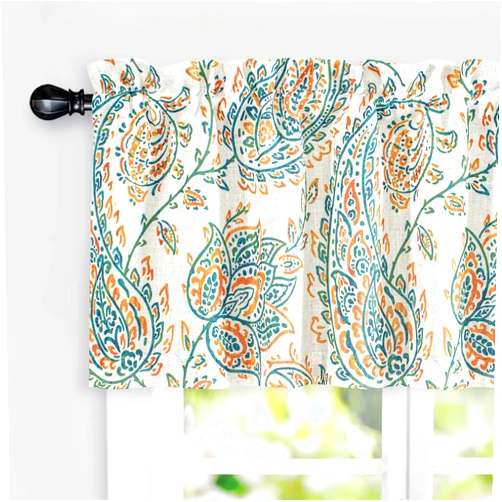 DriftAway Jacob Linen Blend Blackout Valance for Kitchen 18 Inch Length Scroll Floral Paisley Printed Lined Rod Pocket Room Darkening Linen Curtain Valance for Living Room 52x18 Inch Orange Sage