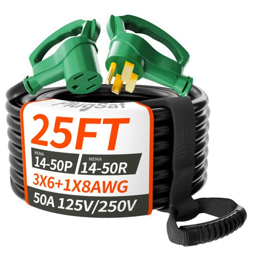 PlugSaf 25 FT 50 Amp RV/EV Extension Cord Outdoor, 4 Prong Flexible Heavy Duty 6/3+8/1 Gauge STW RV Power Cord Waterproof with Cord Organizer, NEMA 14-50P to 14-50R, Black-Green, ETL Listed