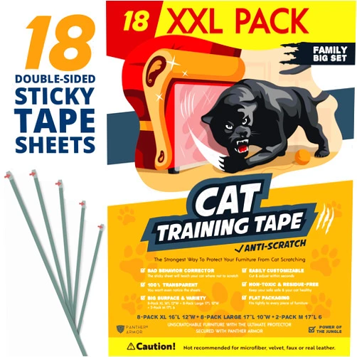 Panther Armor Cat Couch Protector – 18-Pack Double Sided Cat Anti Scratch Sticky Tape – Scratch Deterrent Tape, Effective Furniture Protectors from Cats