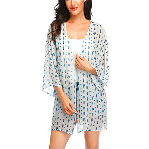 KirGiabo Women's Floral Print Kimonos Loose Tops Half Sleeve Shawl Chiffon Cardigan Blouses Casual Beach Cover Ups,B16-blue Grey,M