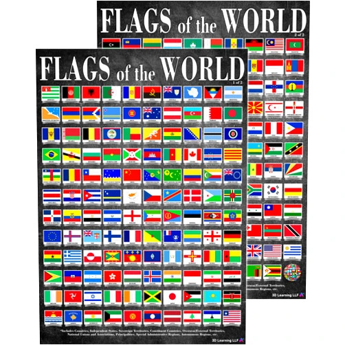 3D Learning LLF Flags of the World Posters- Laminated 14x19.5” Educational Charts - World Flags of Countries and Nations, For Classrooms, Homeschool Decoration, Back to School Supplies, International Learning, and