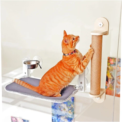 PETKARAY Cat Window Perch, Foldable Cat Hammock for Window, Cat Window Bed for Indoor Cats, Including Cat Bowl and Scratching Post