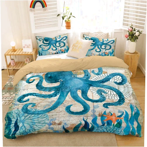 MUSOLEI Ocean Comforter Set Queen Size Four Seasons Quilt Kids Octopus Bedding Collections Soft for Teen Boys Turquoise Ocean Themed Mediterranean Style Printed Quilt Set Kids Gift