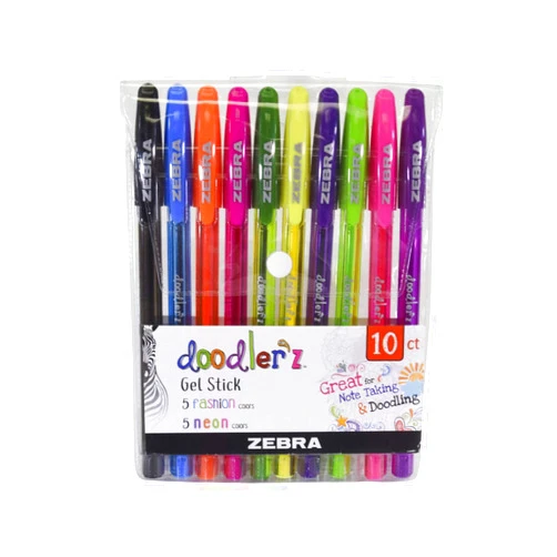 Zebra Pen Doodlerz Gel Stick Pen, Bold Point, 1.0mm, Assorted Neon Colors, (41810) (Pack of 1, 10 Count Total)