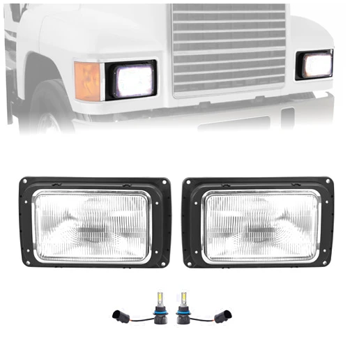 HECASA Headlights LED Pair Compatible with 1990-2017 Mack CH613 SFA Hood Truck Headlamp Set Driver & Passenger Side w/Bulbs Clear & Amber Lens Replacement for 2M0516CM 21077000