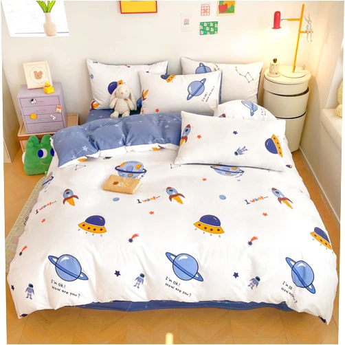 LIWHENHAO Rocket Duvet Cover Set Twin 100% Cotton Bedding Cartoon Astronaut Galaxy Universe Print on White 1 Space Star Comforter Cover Zipper Closure 2 Pillowcases for Kids Girls Boys