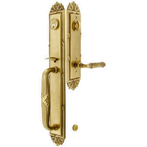 Emtek Imperial Style Tubular Handleset in Antique Brass with Left Hand Ribbon & Reed Levers and 2 3/8