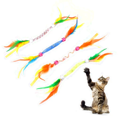 TUSATIY Cat Feather Toys with Bell 4Pack, Colorful Cat Teaser Cat Springs Ribbon Toys,Interactive Cat Toys for Indoor Cats Kitten, Suitable for Cats Bite & Hunt