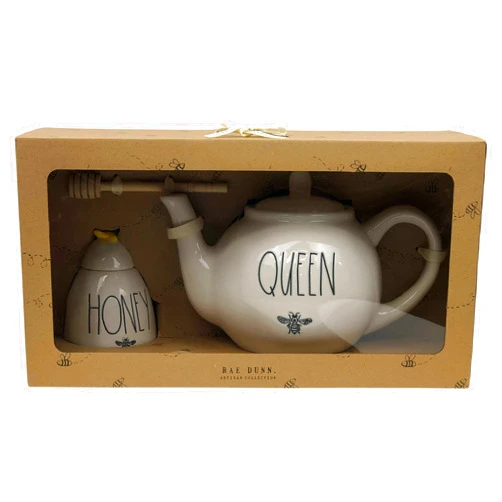Rae Dunn Queen Bee Teapot with Honey Bee Pot with Stir Stick Gift Set