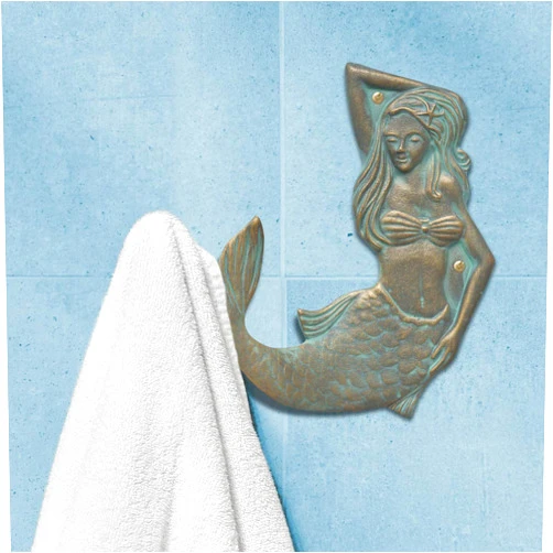 BLACK FOREST DECOR Bronze Verdigris Mermaid Towel Hook - Left Facing