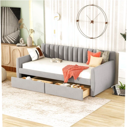 Flieks Upholstered Daybed with Two Storage Drawers, Twin Size Velvet Storage Sofa Bed Daybed with Backrest and Wood Slat Support (Grey)