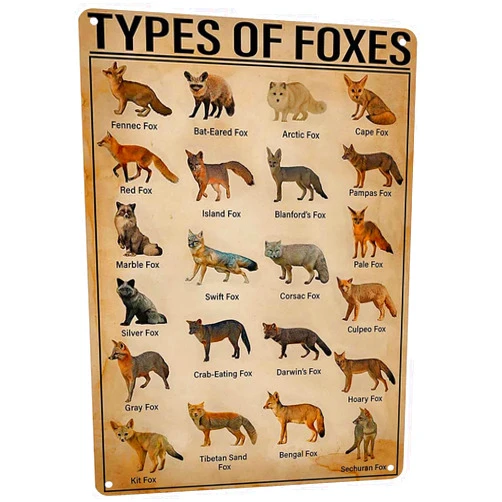 HYBLOM Vintage Types Of Foxes Metal Tin Sign - Educational and Decorative - Gift Wildlife Enthusiasts and Nature Lovers - Aluminum Poster for Home and Classroom 8x12 Inches