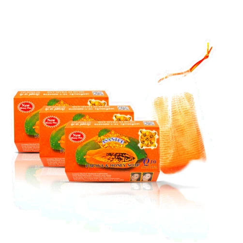 ASANTEE PAPAYA & HONEY Soap Bars with Vitamin C,E and Q10 Skin Cleansing 4.40 Oz (Pack of 3)