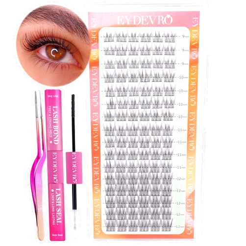 EYDEVRO Natural Lash Extension Kit DIY Lash Clusters Kit Wispy Eyelash Extesnion Kit 9-12MM CC Curl Individual Lashes 96 Pcs Cluster Lashes with Lash Bond and Seal and Lash Tweezers Self Application