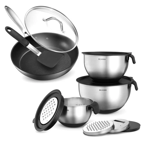 Belwares Nonstick Frying Pan - Kitchen Cookware Set 10” Hard Anodized Skillet And Belwares Mixing Bowls with Lids Set