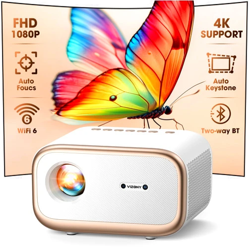 VIZONY [Auto Focus/Keystone] Mini Projector with WiFi and Two-way Bluetooth, VIZONY Native 1080P Projector 4K Support w/50%Zoom/4P4D, Full Sealed, 450ANSI Portable Home Movie Projector (Gold White)