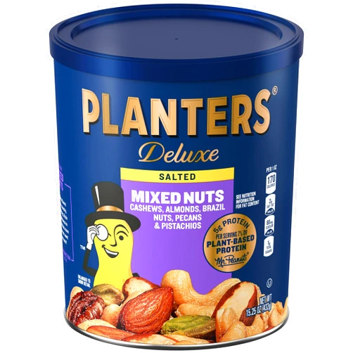 PLANTERS Deluxe Salted Mixed Nuts, Party Snacks, Plant-Based Protein 15.25oz (1 Canister)