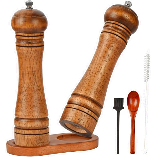 JOYCEMALL 10 inch Wood Salt and Pepper Grinder Set, JOYCEMALL Set of 6 Manual Salt and Pepper Grinder with Ceramic Grinding Rotor - Pepper and Salt Mill, Wooden Standing Tray, 2 Cleaning Brush, Spoon - Brown
